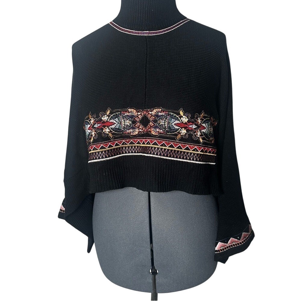 Black Embroidered Poncho Style Sweater Top Knit Pullover